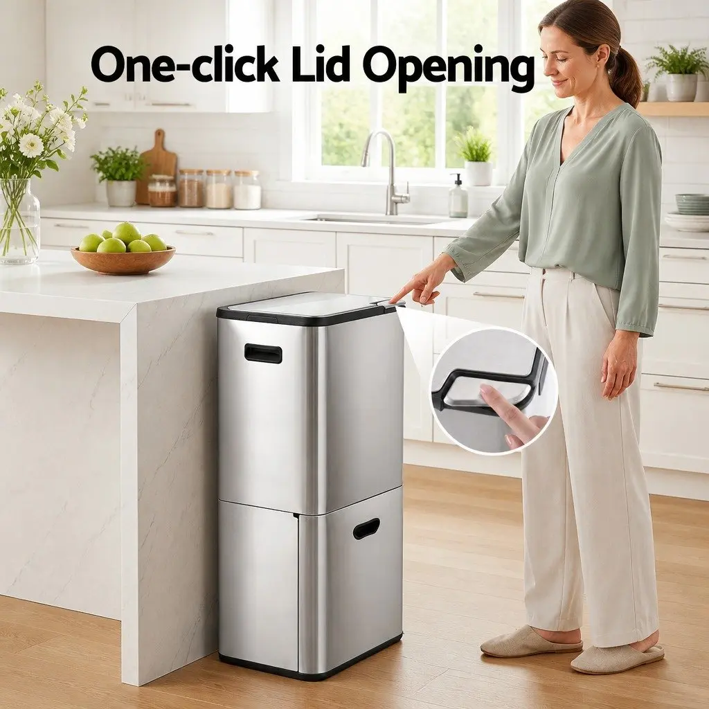 Pull Out Rubbish Bin 63L 3 Compartment Stainless Steel Split Door Trash Can