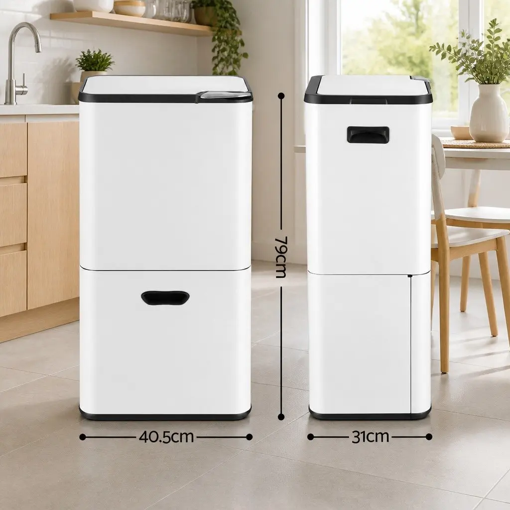 63L Pull Out Rubbish Bin 3 Compartment Split Door Trash Can Kitchen Organiser