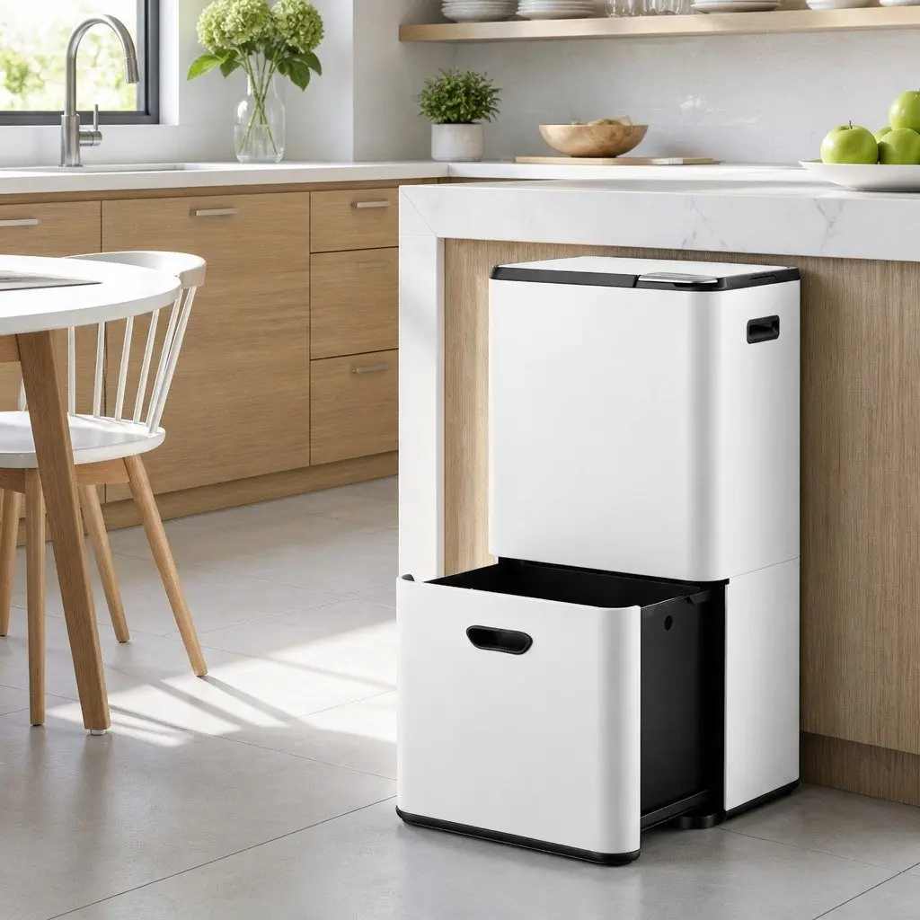 63L Pull Out Rubbish Bin 3 Compartment Split Door Trash Can Kitchen Organiser