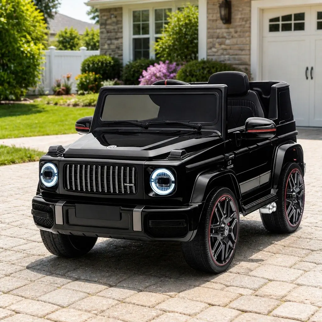 Kids Electric Ride On Car 12V Black Remote Control with Working Doors and Adjustable Safety Seat Belt