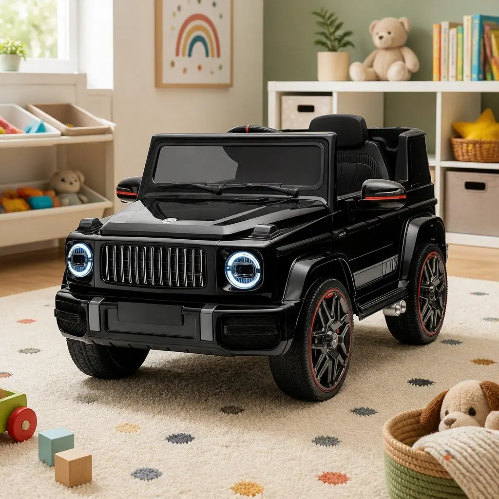 Kids Electric Ride On Car 12V Black Remote Control with Working Doors and Adjustable Safety Seat Belt