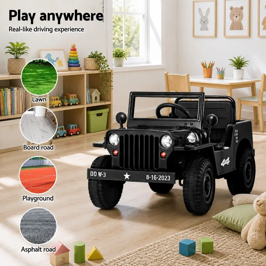 Kids Ride On Car 12V Black Off-Road Jeep with Remote Control and Keyless Start