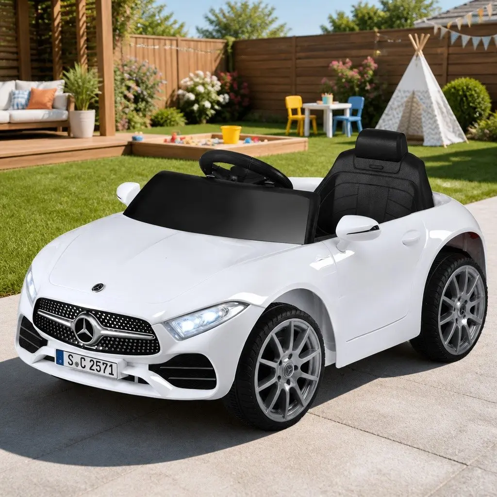 Kids Ride On Car White Music Remote Control 3 Years and Up Adjustable Safety Seat Belt Twin Motors Working Doors