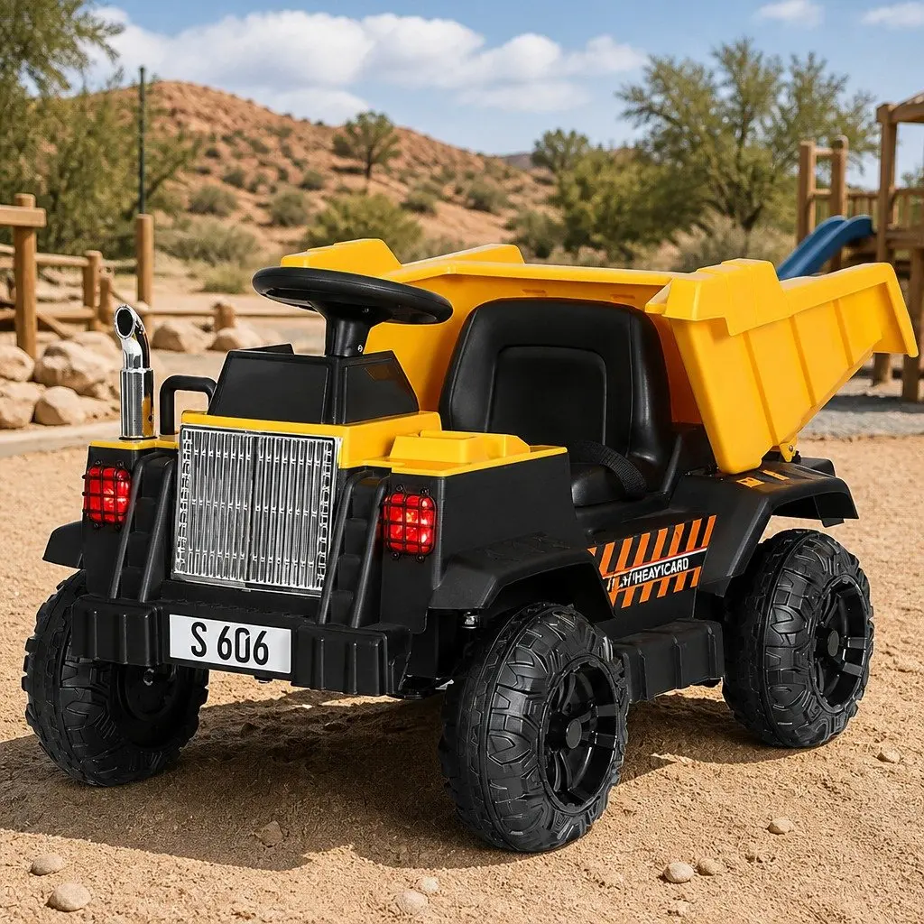 Kids Electric Ride On Dumptruck 12V Yellow Black Battery Powered Car with Steering Wheel and MP3 Input