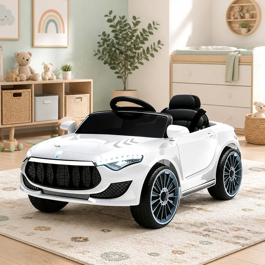 Kids Electric Ride On Car 12V White Steering Wheel Remote Control with Music and Lights