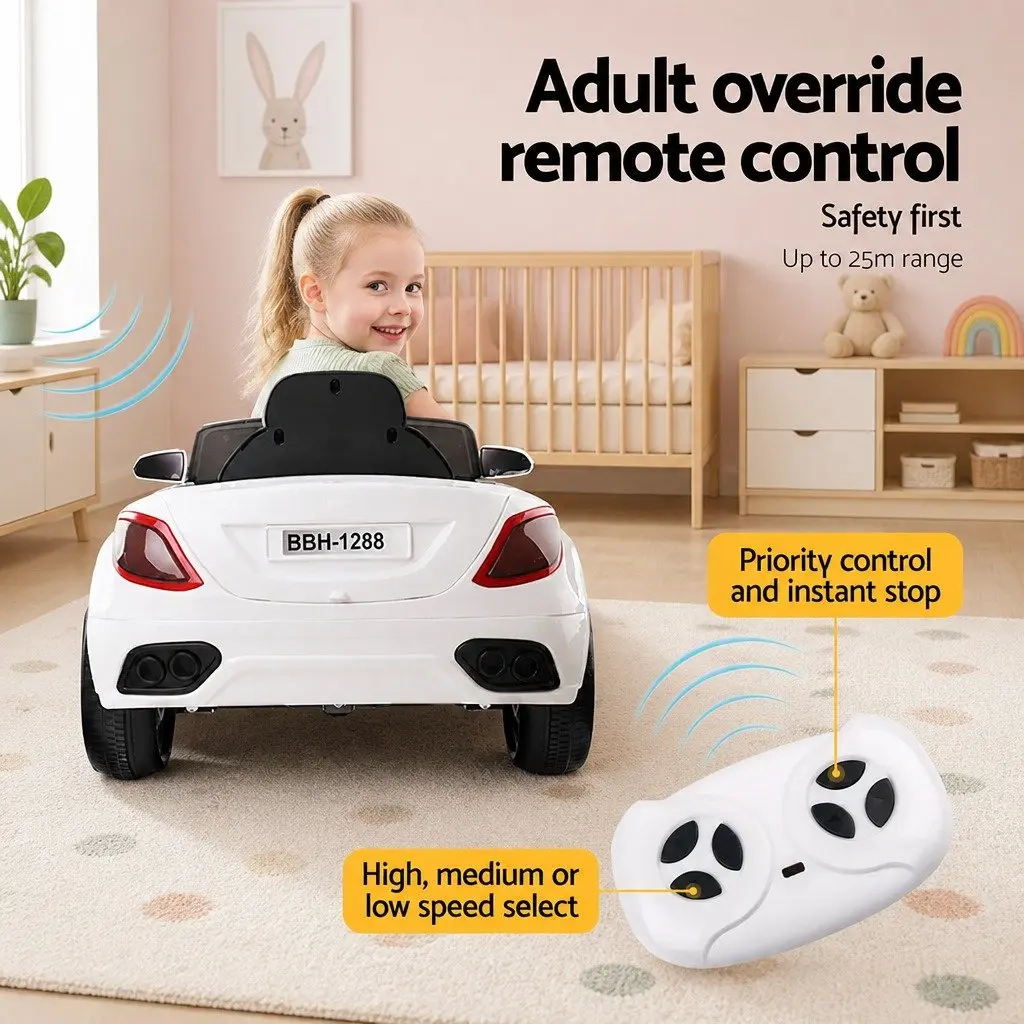 Kids Electric Ride On Car 12V White Steering Wheel Remote Control with Music and Lights