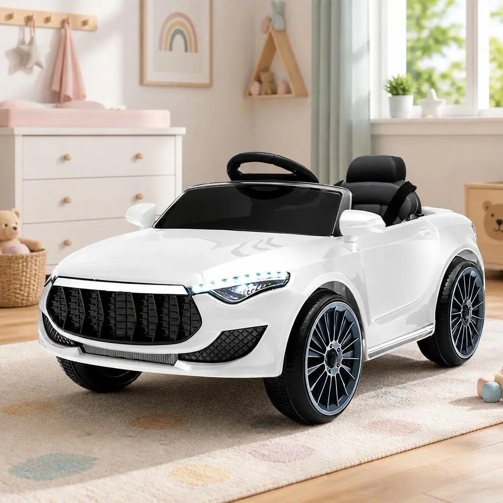 Kids Electric Ride On Car 12V White Steering Wheel Remote Control with Music and Lights