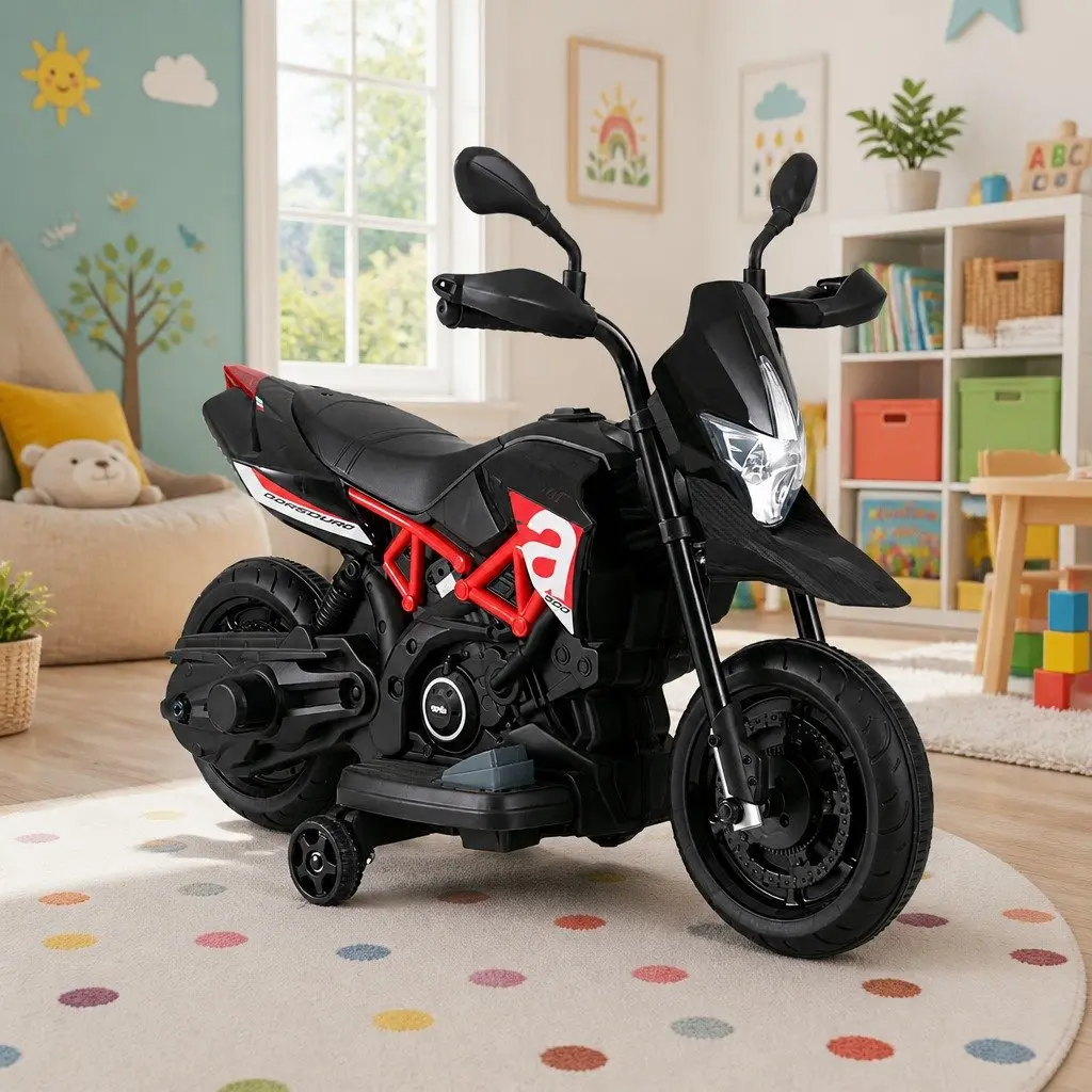 Kids Electric Ride On Motorbike Black 6V Battery Powered Toy Bike with Steering Handle Bar and Acceleration Pedal