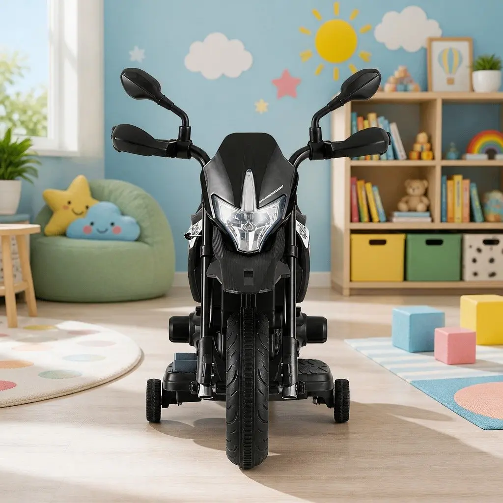 Kids Electric Ride On Motorbike Black 6V Battery Powered Toy Bike with Steering Handle Bar and Acceleration Pedal