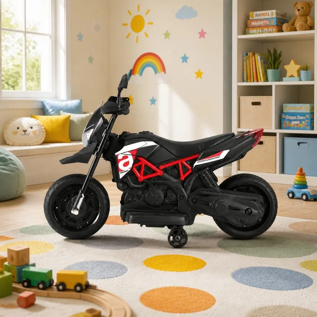 Kids Electric Ride On Motorbike Black 6V Battery Powered Toy Bike with Steering Handle Bar and Acceleration Pedal