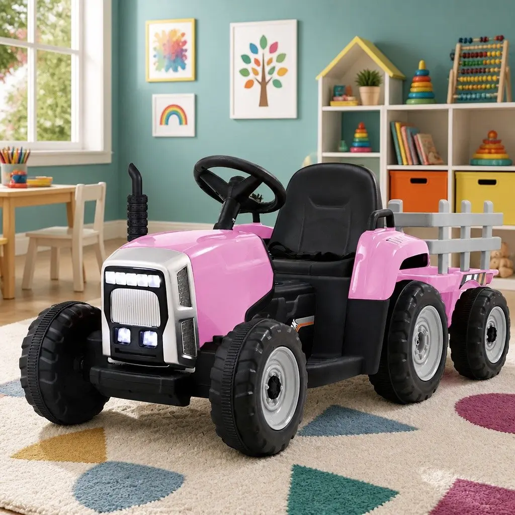 Kids Ride On Tractor 12V Battery Powered Pink with Detachable Trailer and Interactive Controls