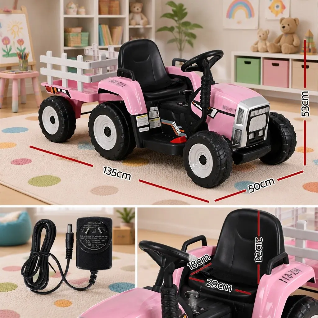 Kids Ride On Tractor 12V Battery Powered Pink with Detachable Trailer and Interactive Controls