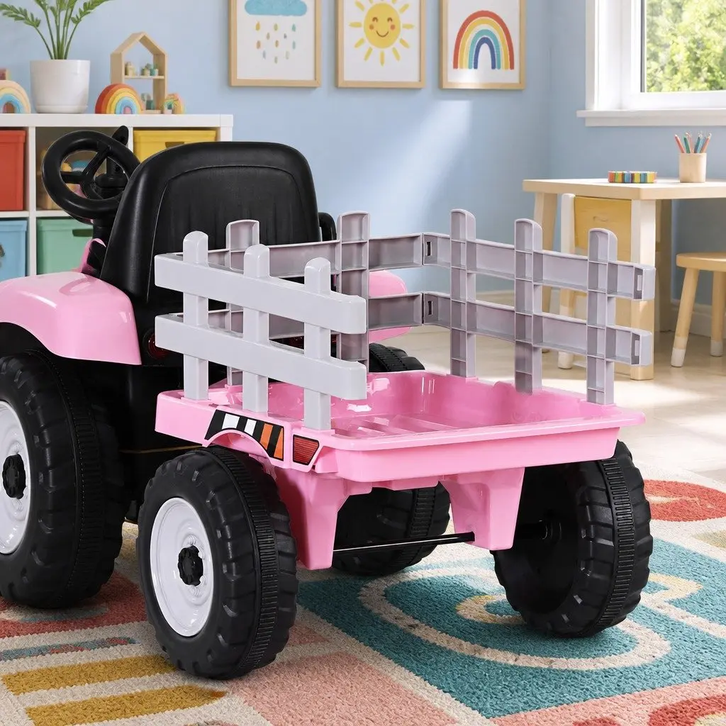 Kids Ride On Tractor 12V Battery Powered Pink with Detachable Trailer and Interactive Controls