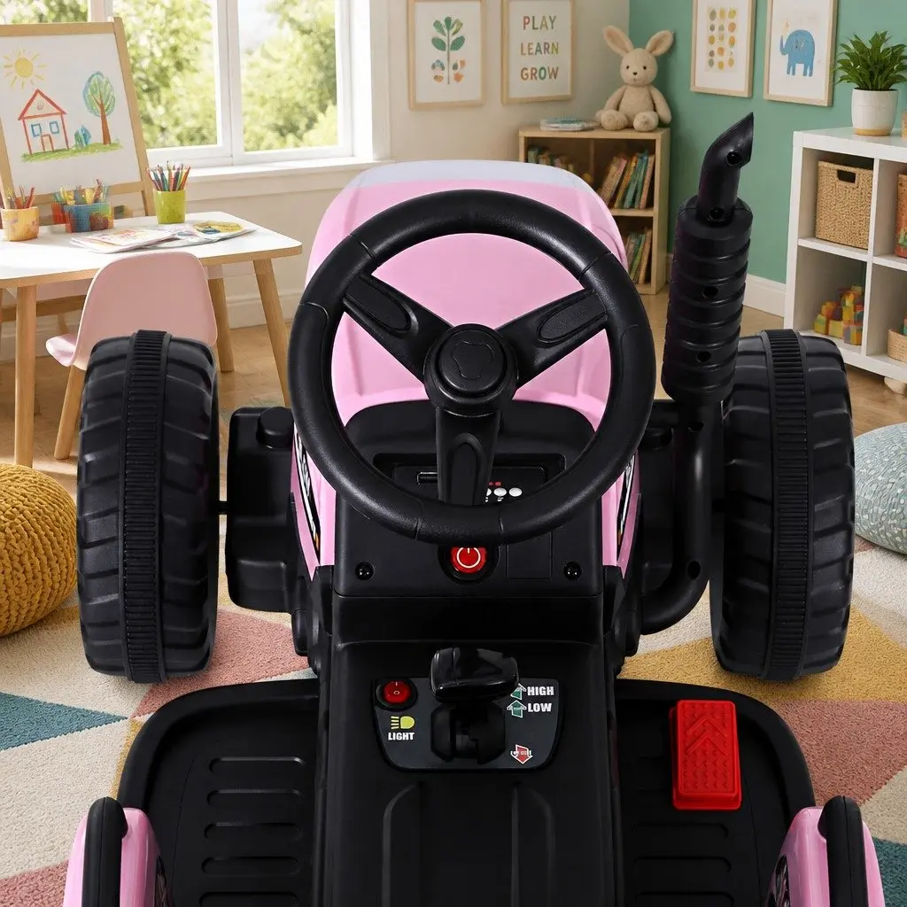 Kids Ride On Tractor 12V Battery Powered Pink with Detachable Trailer and Interactive Controls