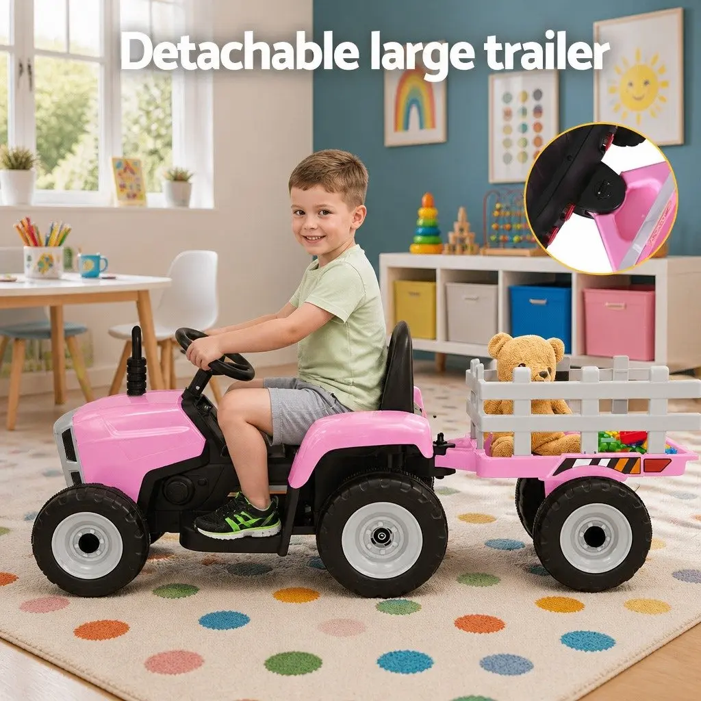 Kids Ride On Tractor 12V Battery Powered Pink with Detachable Trailer and Interactive Controls