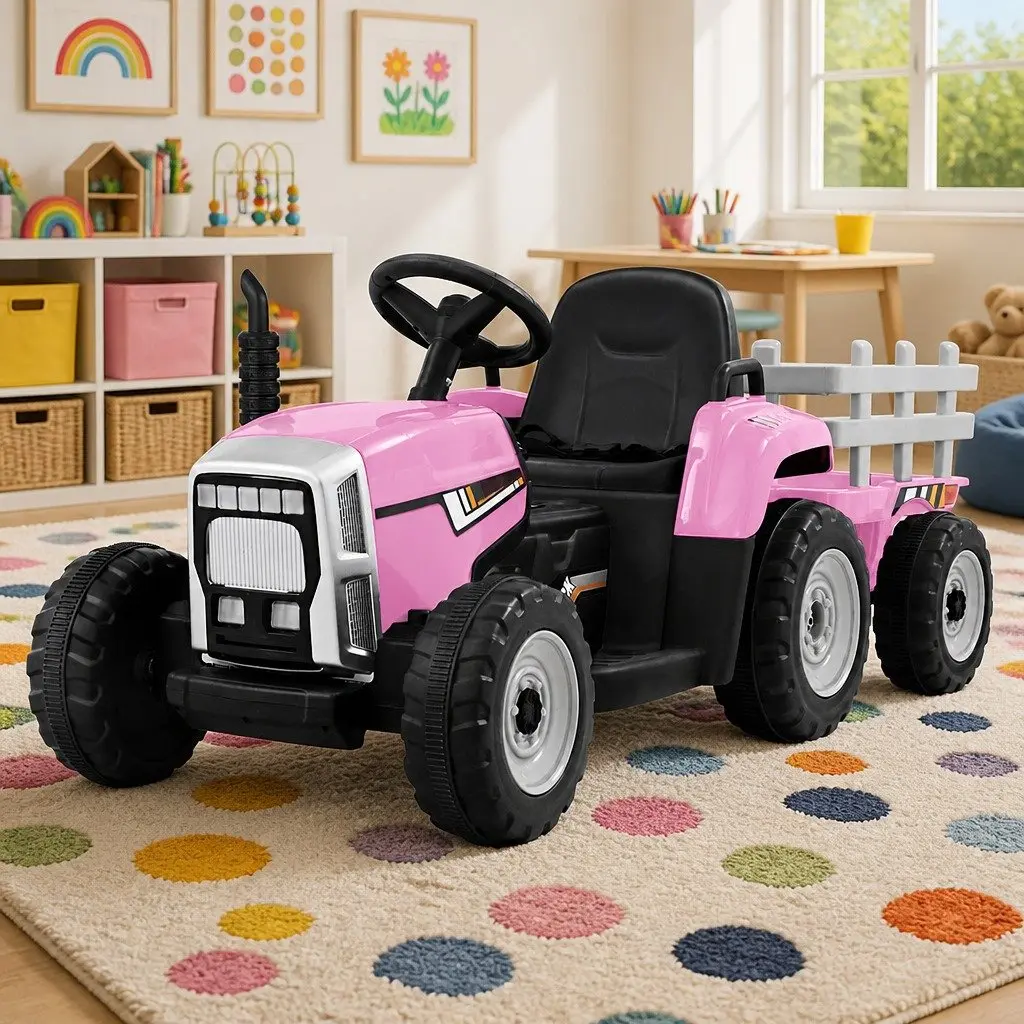 Kids Ride On Tractor 12V Battery Powered Pink with Detachable Trailer and Interactive Controls