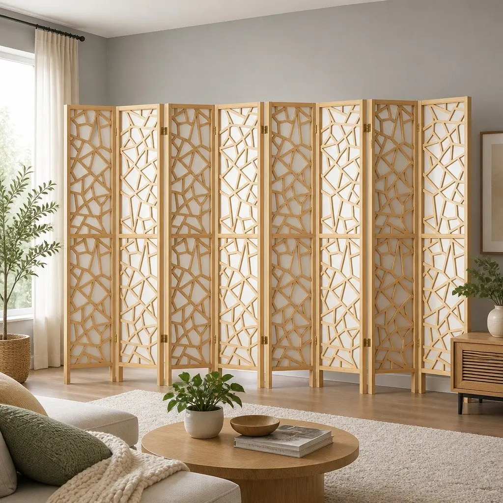 8 Panel Room Divider Screen 325x170cm Folding Privacy Partition Natural Wood