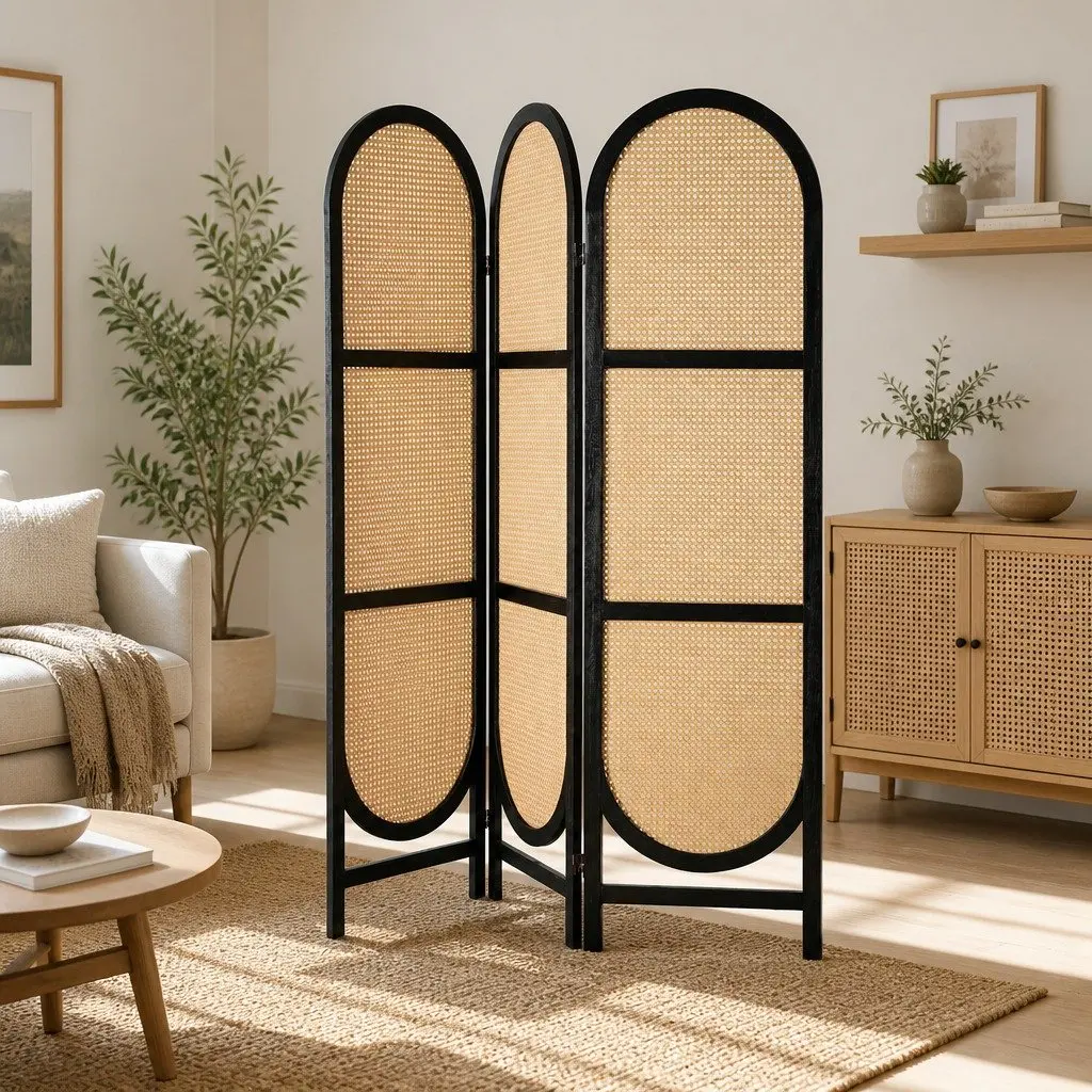 Room Divider Screen 3 Panel Brown Rattan Foldable Privacy Separator