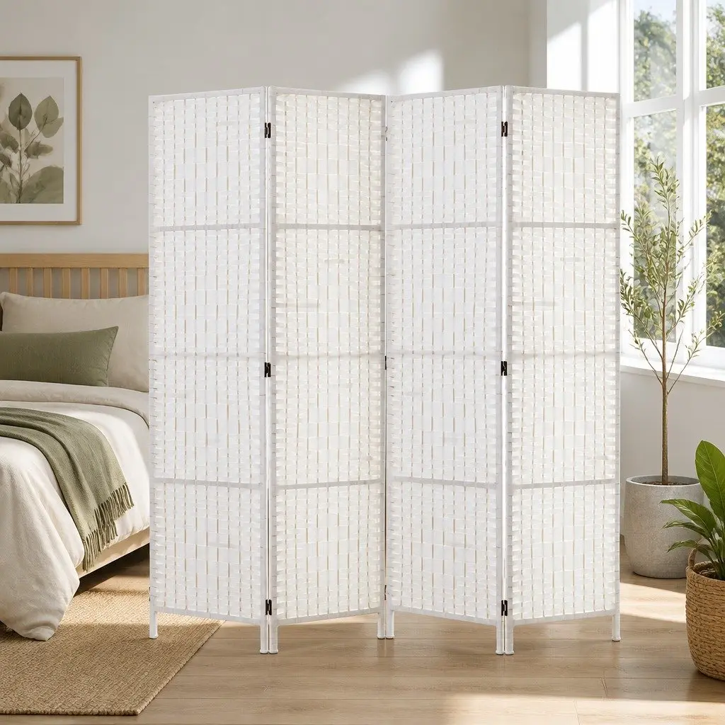 4 Panel Room Divider 163x170cm Foldable White Woven Paper Partition