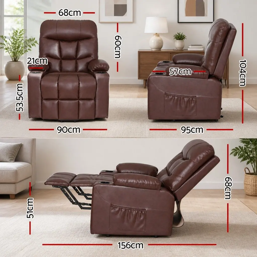 Massage Recliner Chair Heated Lift Assist 8 Point Massage Remote Control Brown