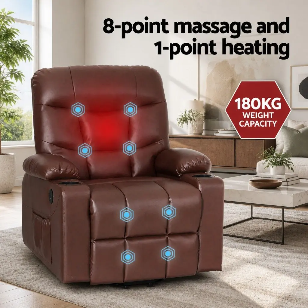 Massage Recliner Chair Heated Lift Assist 8 Point Massage Remote Control Brown