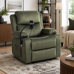 Recliner Chair Heated Massage Velvet Armchair with USB Phone Holder Green