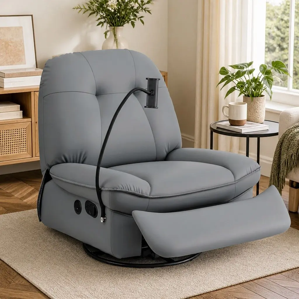 Manual Swivel Rocker Recliner Chair Grey PU Leather 360° Swivel Integrated USB Ports
