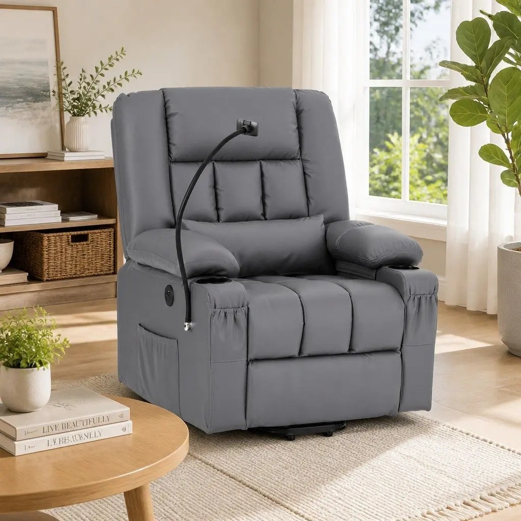 Power Lift Recliner Chair with Massage Heat USB Grey Electric Armchair Living