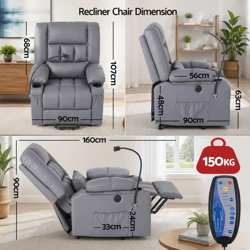 Power Lift Recliner Chair with Massage Heat USB Grey Electric Armchair Living
