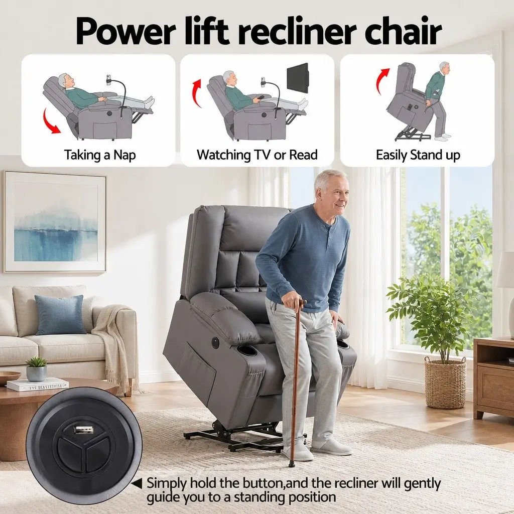 Power Lift Recliner Chair with Massage Heat USB Grey Electric Armchair Living