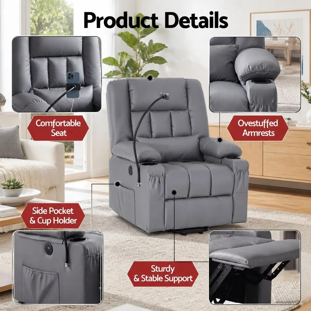 Power Lift Recliner Chair with Massage Heat USB Grey Electric Armchair Living