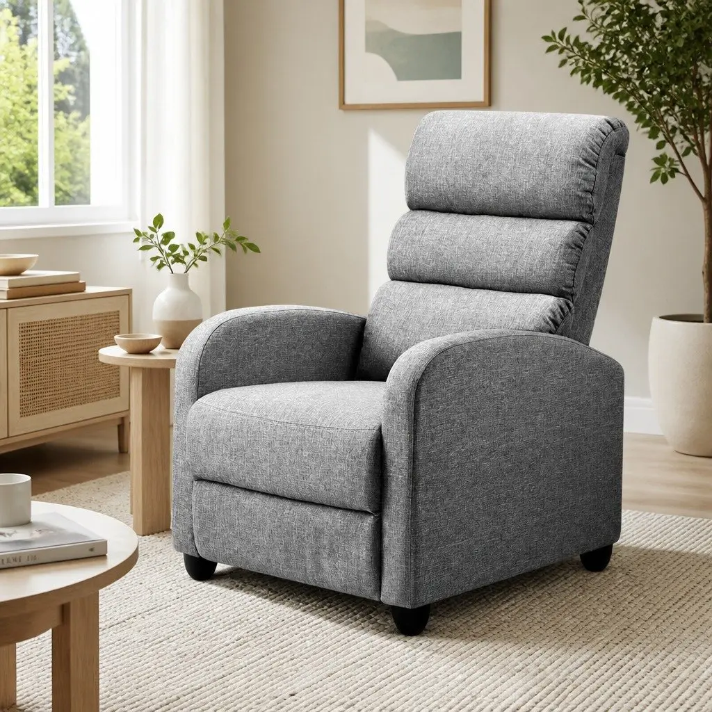 Grey Fabric Reclining Armchair with Adjustable Backrest and Footrest for Comfort in Living Rooms