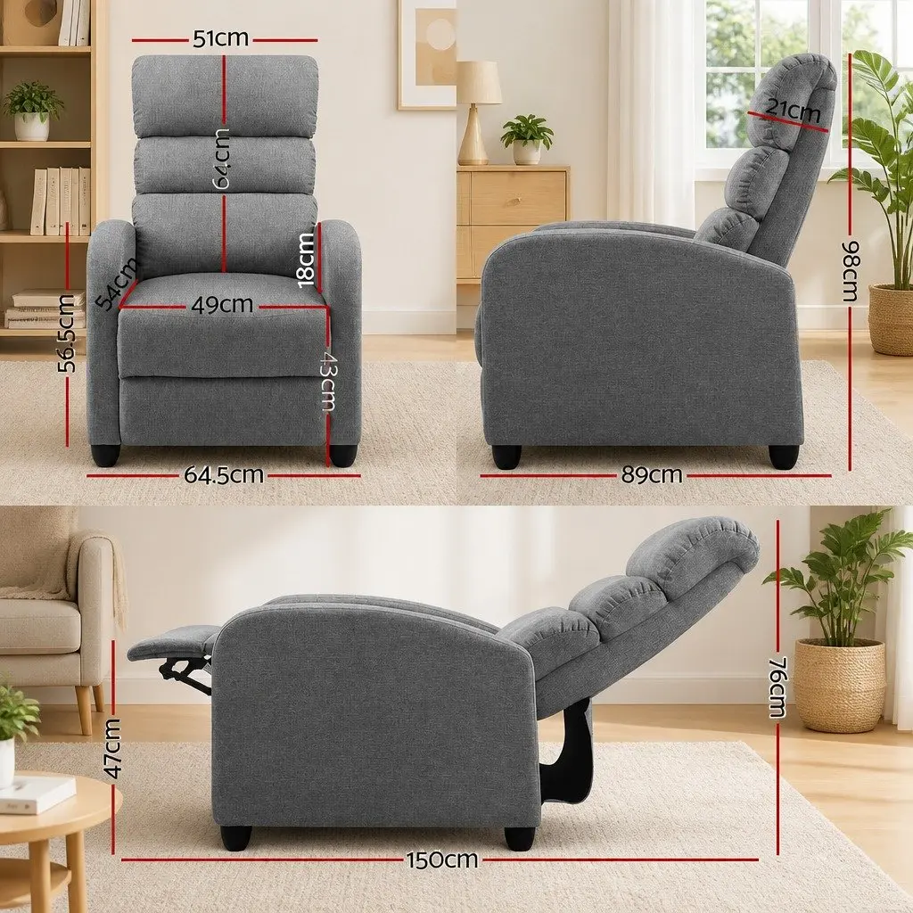 Grey Fabric Reclining Armchair with Adjustable Backrest and Footrest for Comfort in Living Rooms