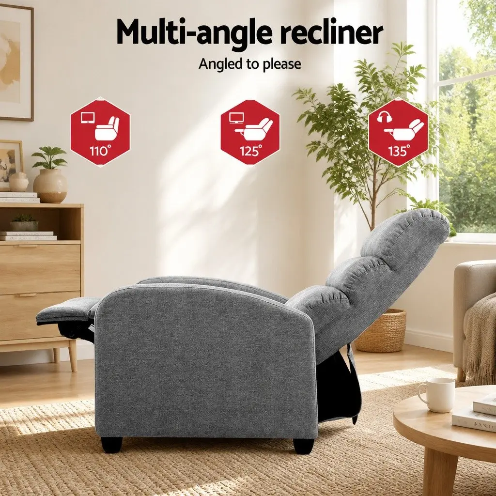Grey Fabric Reclining Armchair with Adjustable Backrest and Footrest for Comfort in Living Rooms