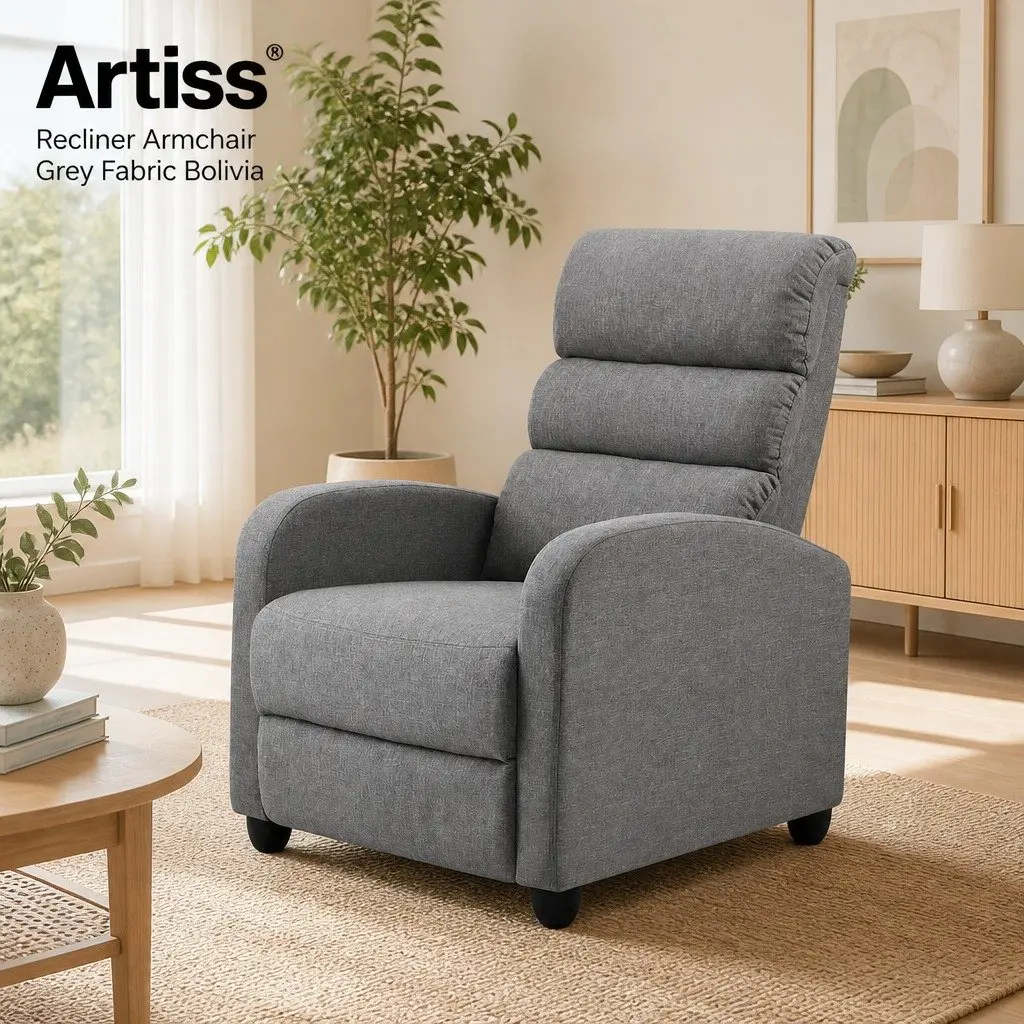 Grey Fabric Reclining Armchair with Adjustable Backrest and Footrest for Comfort in Living Rooms