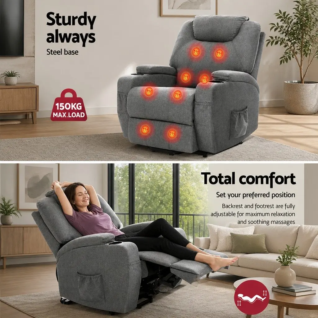 Massage Recliner Chair Grey Velvet Adjustable Heated Backrest Lift Assist
