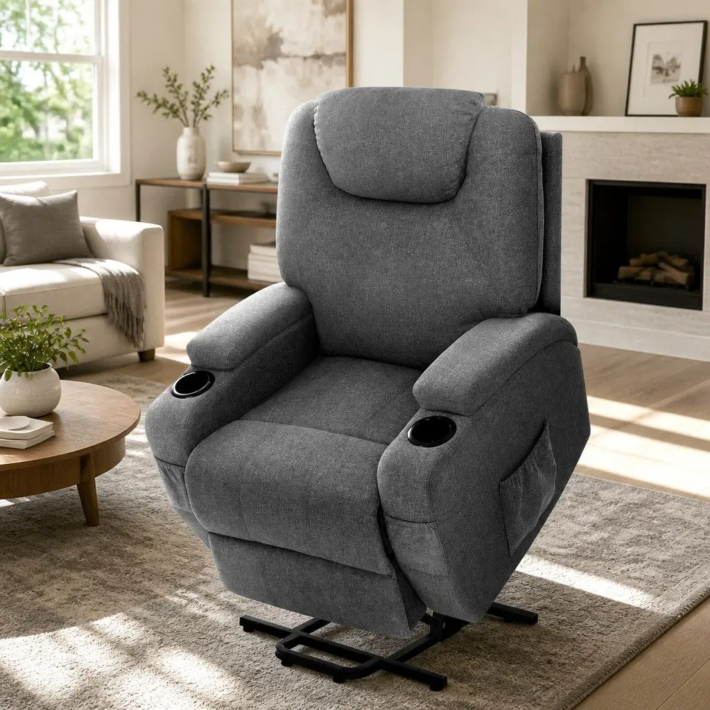 Massage Recliner Chair Grey Velvet Adjustable Heated Backrest Lift Assist