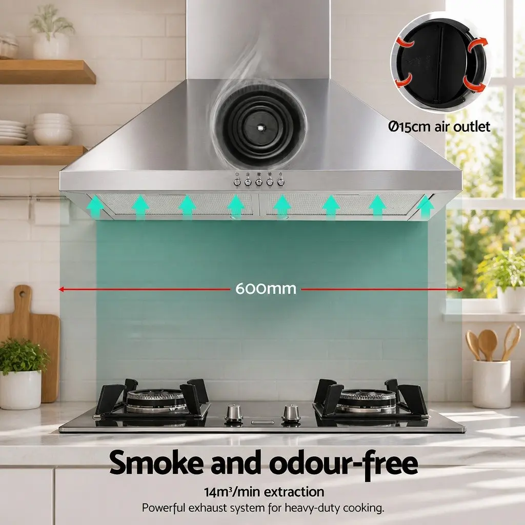 Range Hood 600mm Wall Mounted Stainless Steel High-Performance Extraction Fan