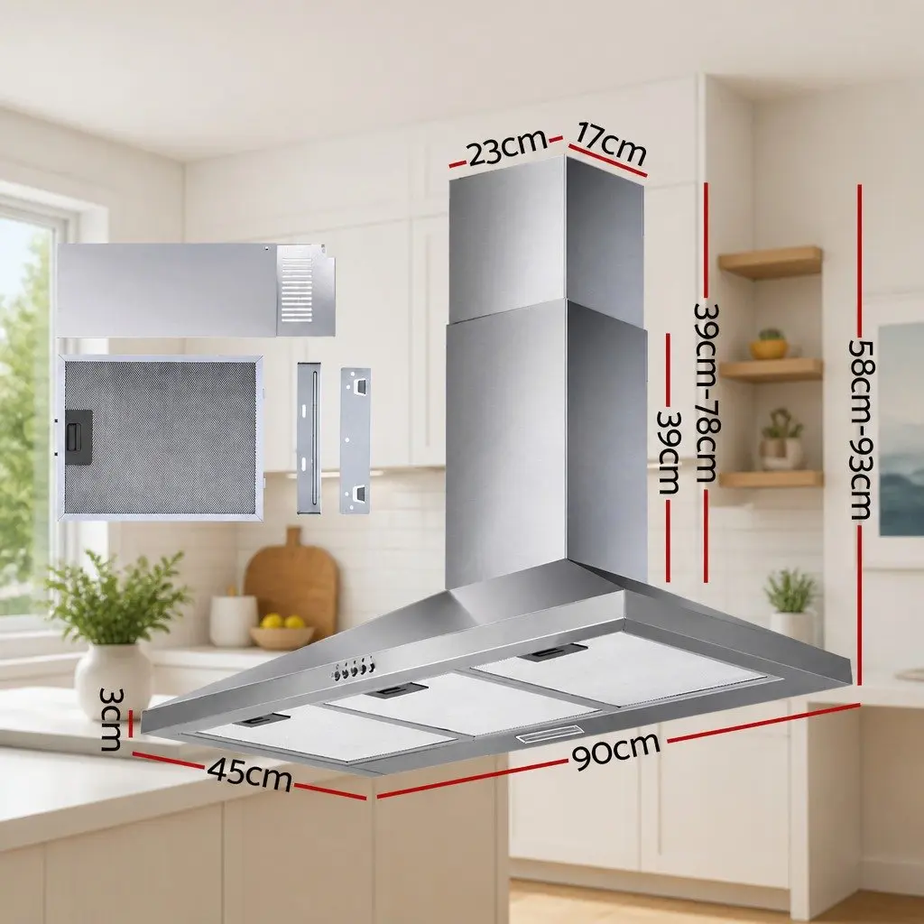 900mm Wall Mounted Stainless Steel Range Hood with 3-Speed Extraction and LED Lighting