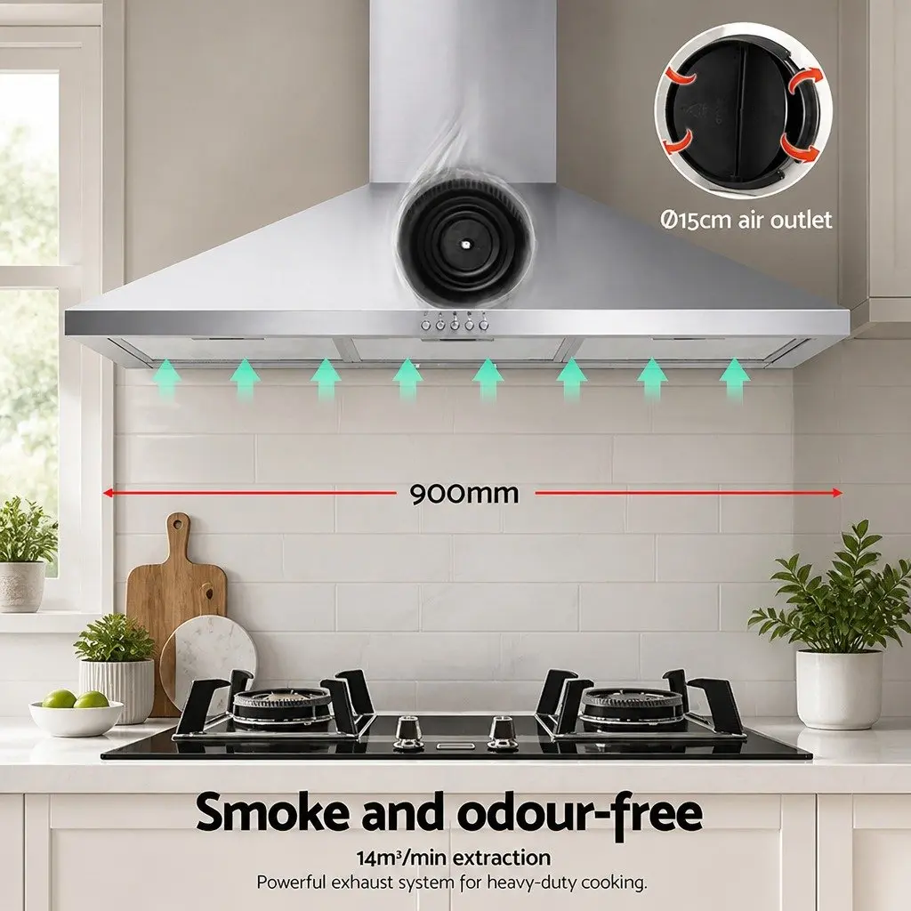 900mm Wall Mounted Stainless Steel Range Hood with 3-Speed Extraction and LED Lighting