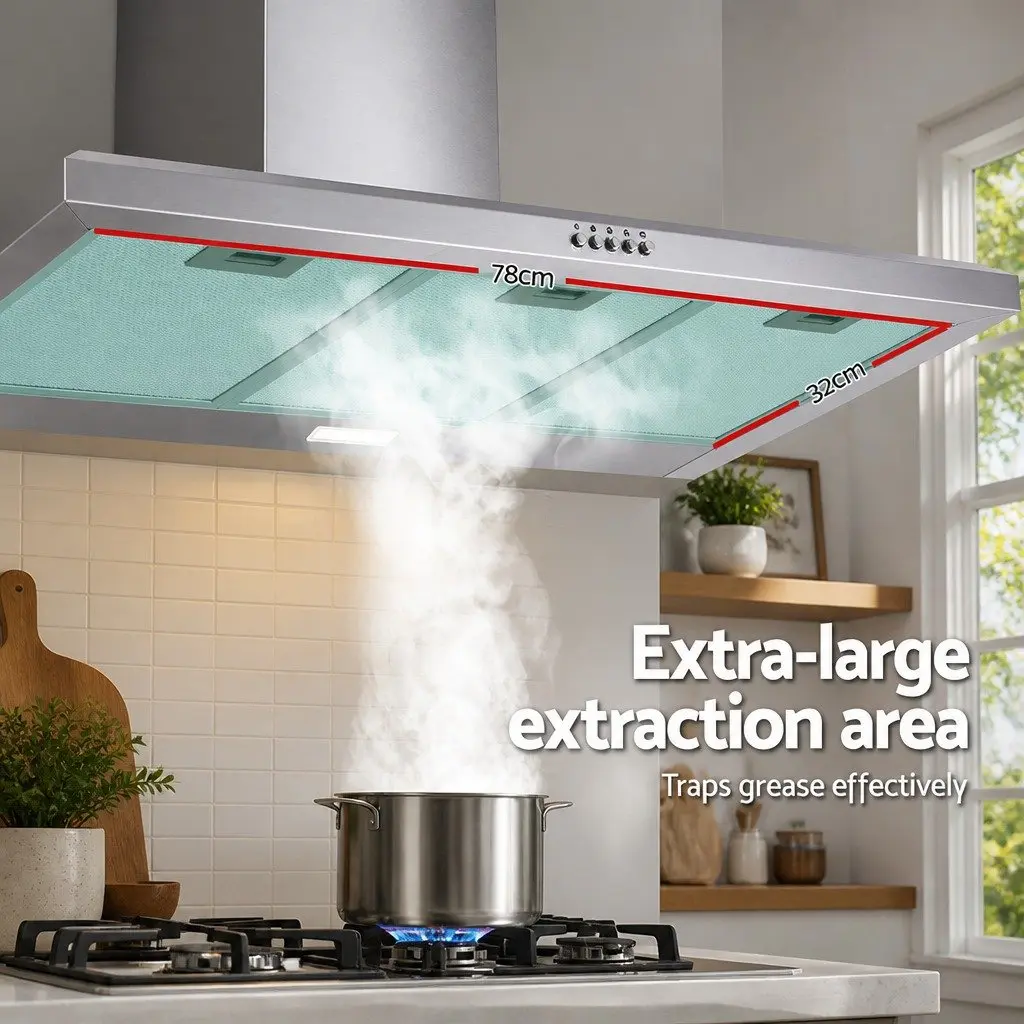 900mm Wall Mounted Stainless Steel Range Hood with 3-Speed Extraction and LED Lighting