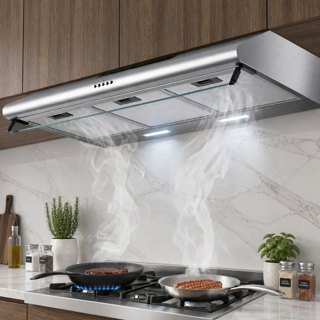 90cm Range Hood Stainless Steel Glass Visor High-Performance Motor 3-Speed Fan