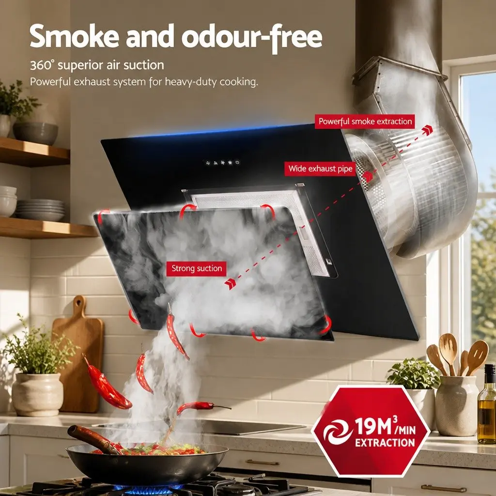 900mm Side Draft Range Hood Wall Mounted Black Tempered Glass with 3 Speed Touch Controls and Adjustable Chimney for Kitchen Use