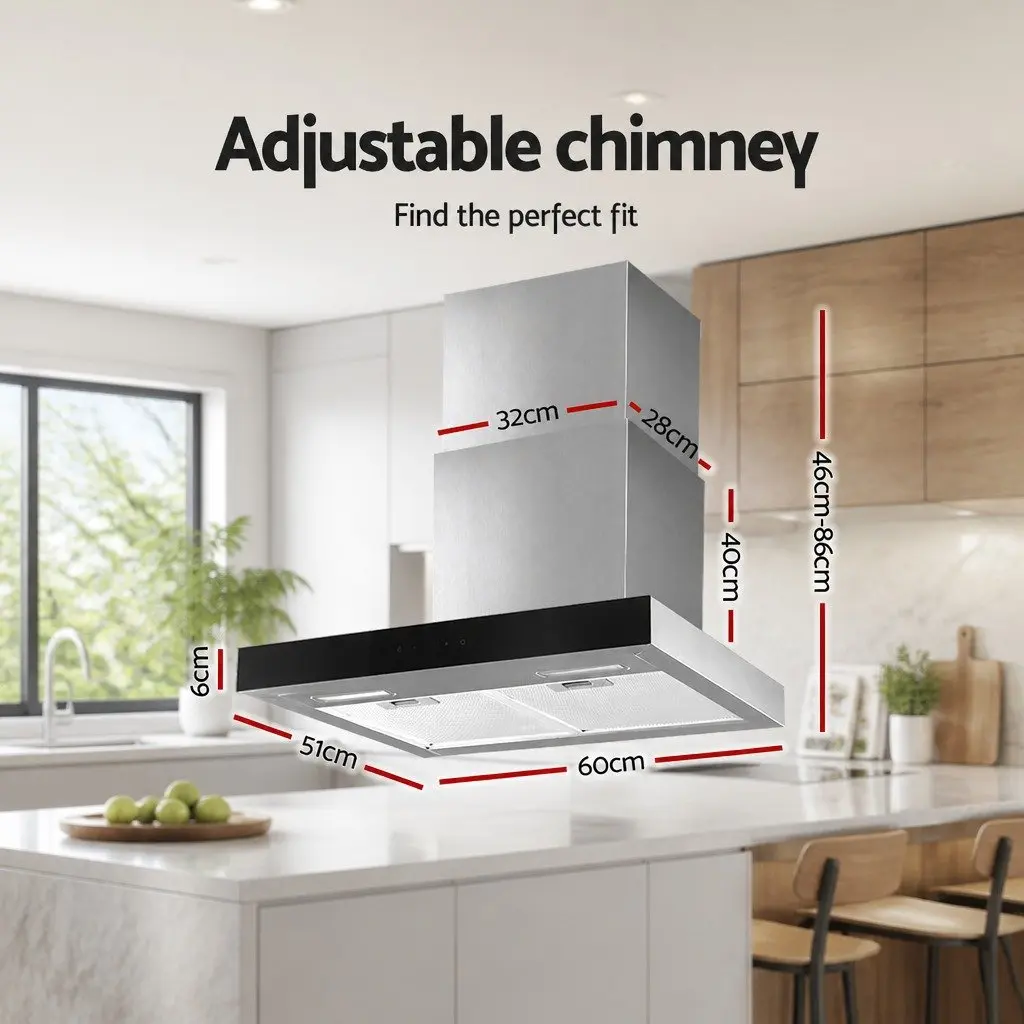 Range Hood 60cm Wall Mounted Black Tempered Glass High Performance Motor 3-Speed