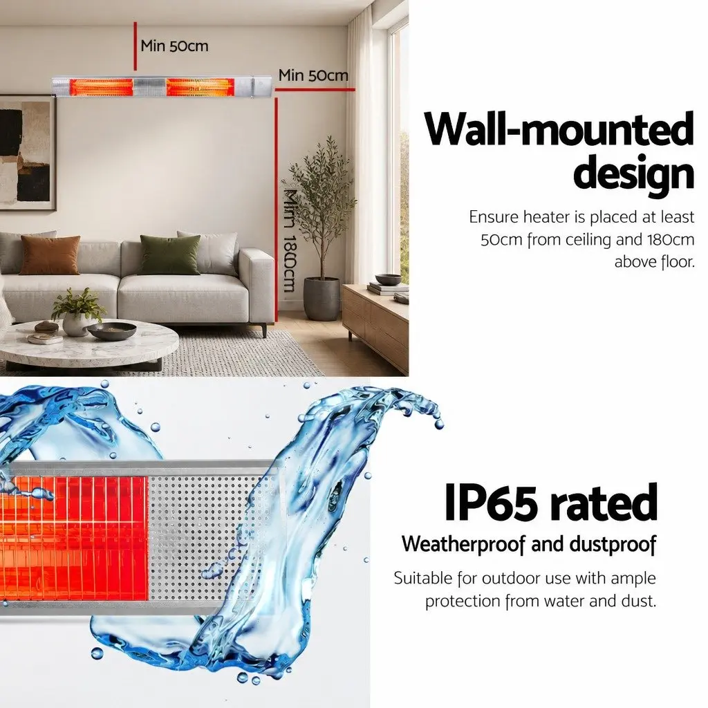 Electric Strip Heater 3000W Infrared Radiant Heating System Wall Mount Remote Control