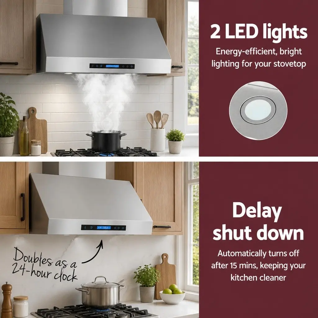 900mm Wall-Mounted Range Hood Silver LED Display Remote Control 3-Speed Fan