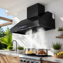 1200mm Commercial BBQ Range Hood Dual Motor Touch Remote Control Black Wall