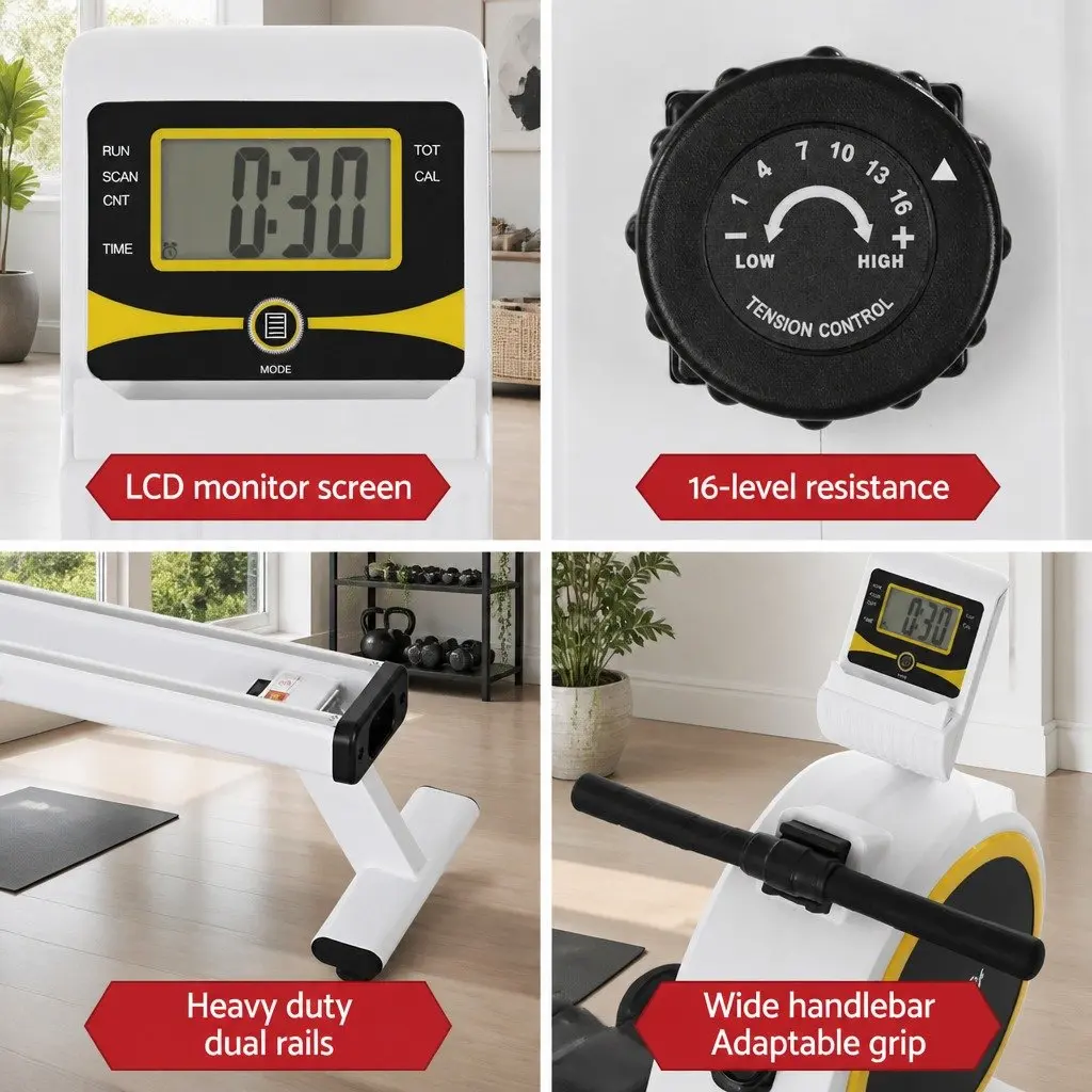 Rowing Machine 16 Resistance Levels Magnetic Brake System Home Gym Cardio Fitness