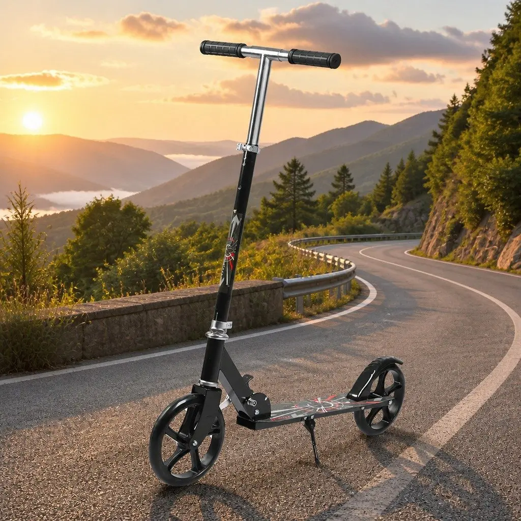 Folding Push Scooter Adjustable Height Dual Large Wheels Lightweight Steel Frame for Kids Teens Adults