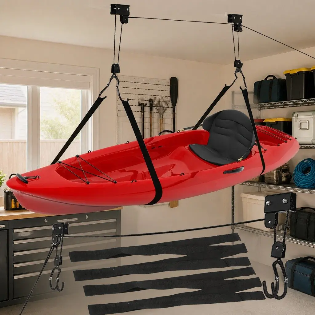 Ceiling Storage Hoist Pulley System 54kg Capacity Nylon Pulley Dual Safety Locking Mechanism Rubber Coated Hooks